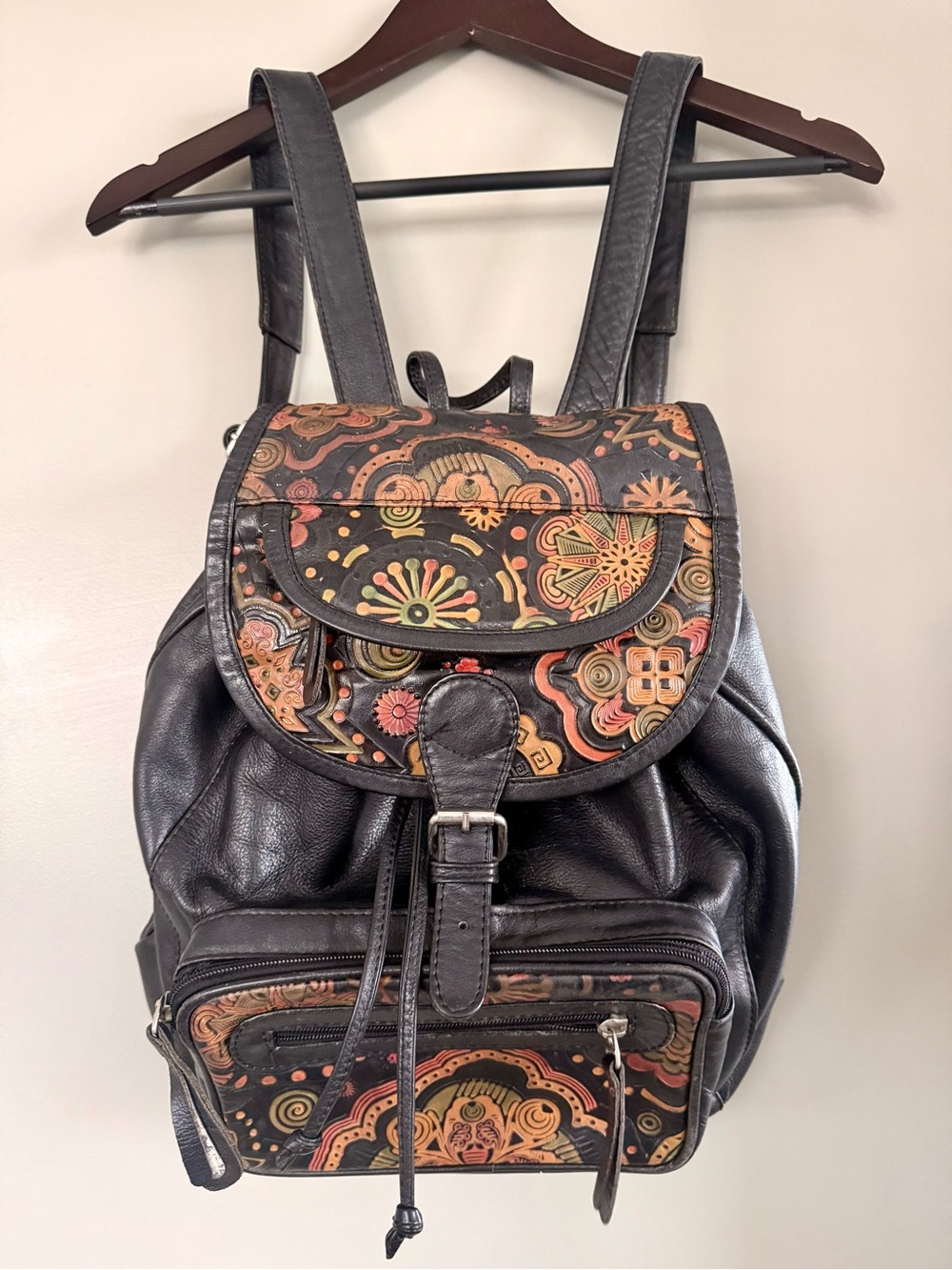 Hand made Black Leather Floral-Print Backpack Purse